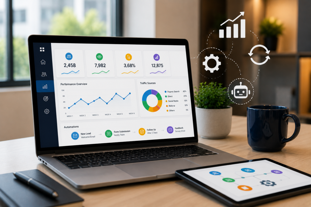 Website analytics and automation help businesses improve performance over time.