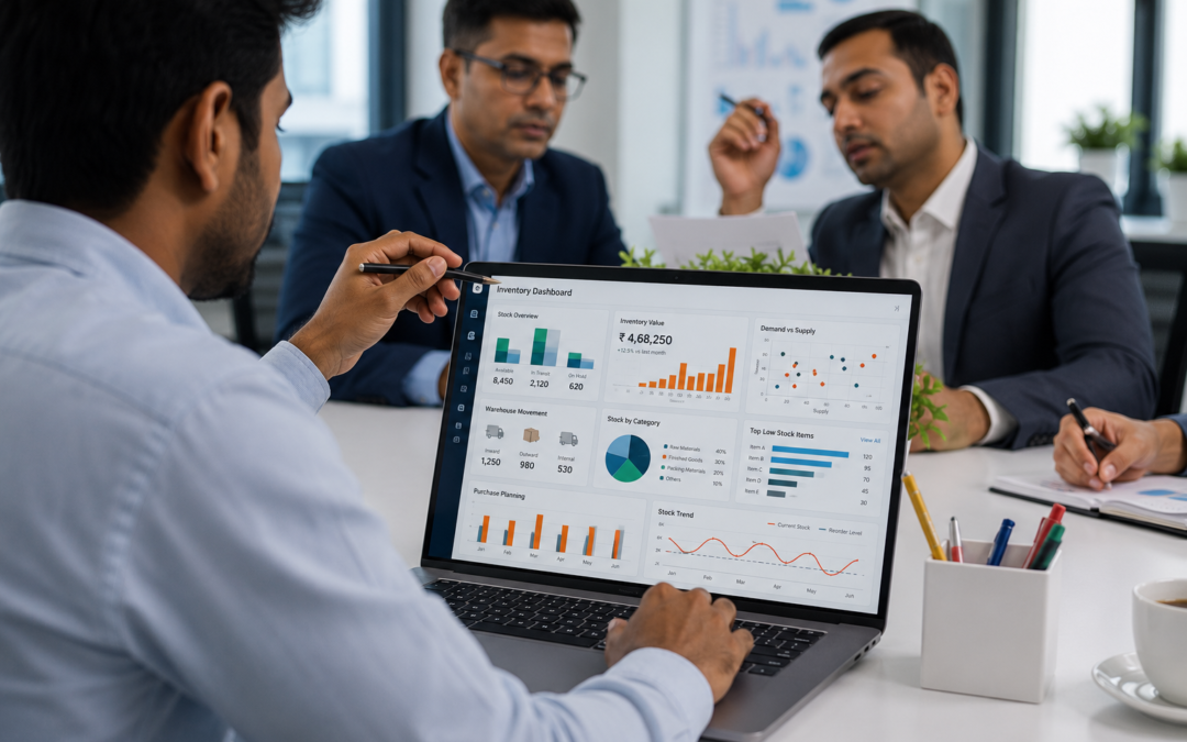 Inventory dashboards help businesses track stock, purchase planning, warehouse movement, and demand.