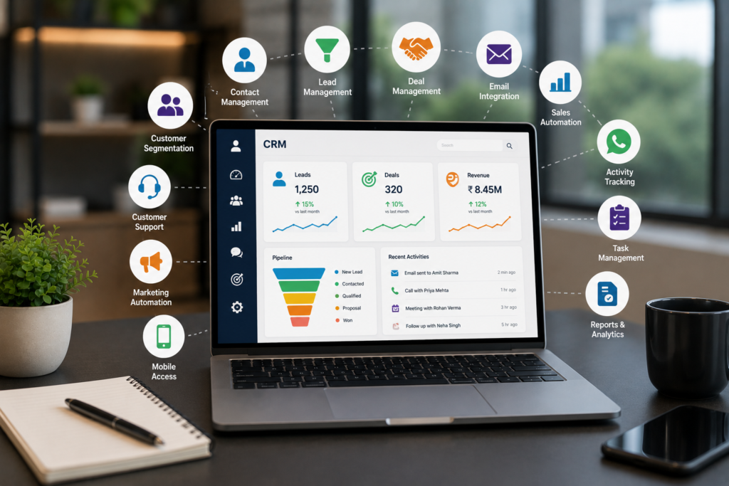 Modern CRM dashboard for sales tracking, automation, and customer management