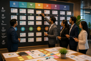 ⭐ Idea 1 — Executive Customer Review Wall ⭐⭐⭐⭐⭐ (My Favorite) A premium executive room where Indian department heads (Sales, Customer Success, Marketing, and Support) stand around a huge customer relationship wall. The wall contains customer journey cards, satisfaction indicators, loyalty milestones, and relationship health visuals using colored cards and simple icons (no readable text). One leader moves a milestone card while everyone discusses the next strategy. Why it's different No laptops No presentation Looks like a Fortune 500 strategy workshop Very premium